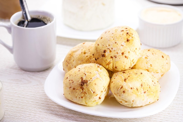 Cheese bread biscuit traditional brazilian bread made with fresh mineiro cheese served in snack bars and bakeries in Brazil