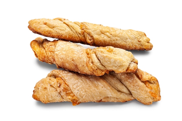 Cheese bread Top view of three rolls ruddy warm homemade bread with cheese on a white background