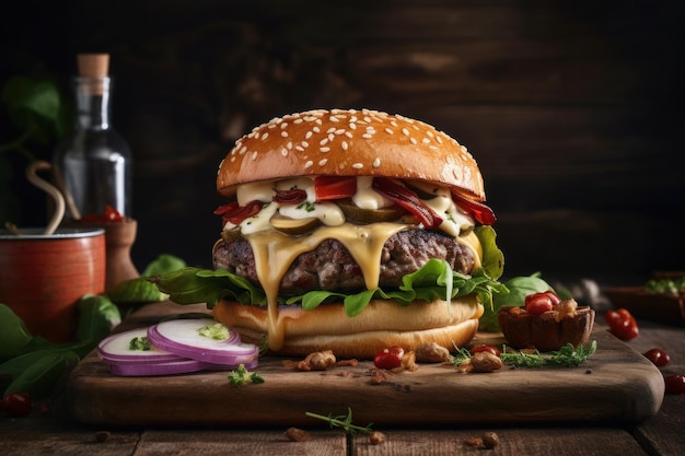 Cheese burger American cheese burger with beef tomato onion lettuce and mayonnaise on wooden background Generative AI