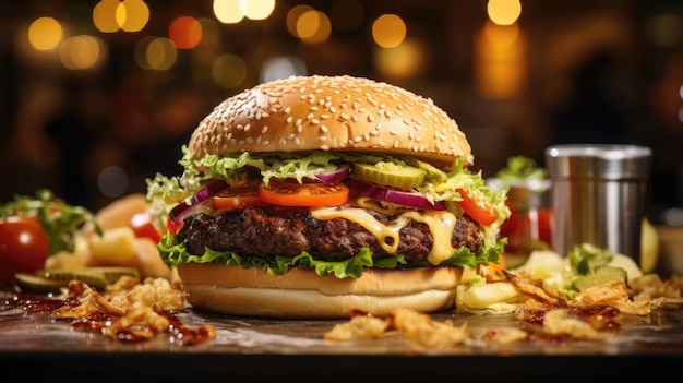 Cheese burger American cheese burger with Golden French fries and fresh vegetables