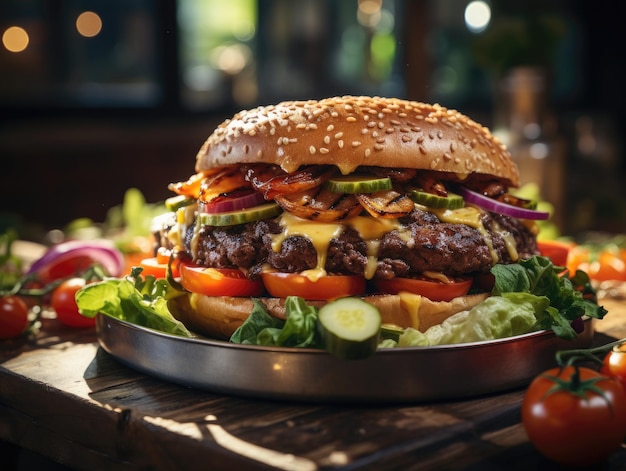 Cheese burger American cheese burger with Golden French fries and fresh vegetables