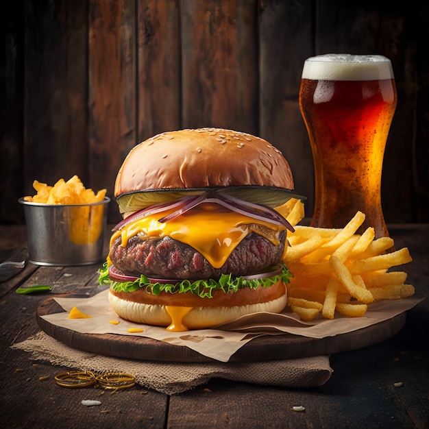 Cheese burger classic with fries and beer