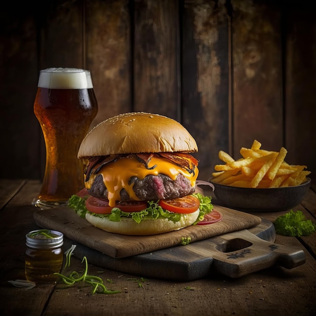 Cheese burger classic with fries and beer