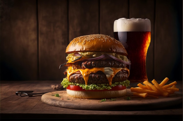 Cheese Burger - klassieke kaasburger met friet en bier