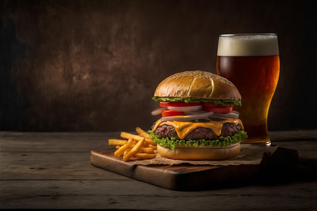 Cheese Burger - klassieke kaasburger met friet en bier