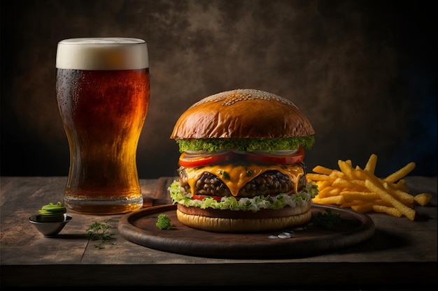 Cheese Burger - klassieke kaasburger met friet en bier