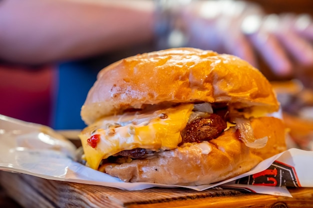 cheese burger ready to be eaten