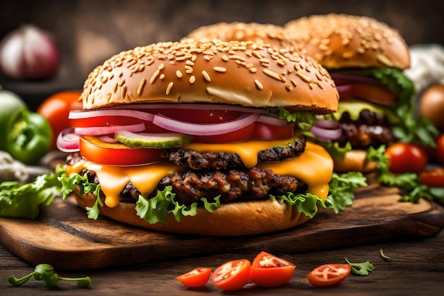 A cheese burger with cheese tomatoes and onion