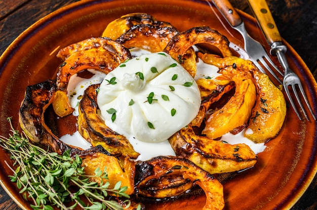 Cheese Burrata mozzarella with baked pumpkin