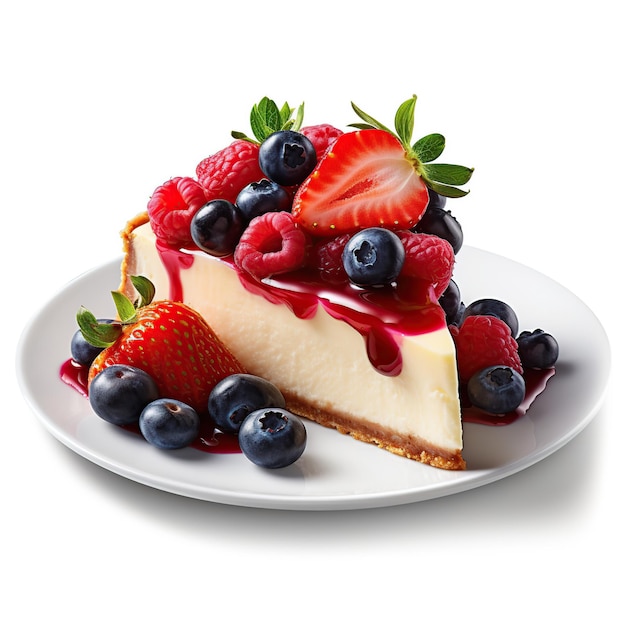 Cheese cake with strawberries and blueberries isolated on empty background