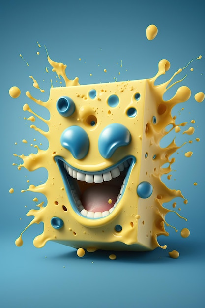 Cheese cartoon character smiling crazy with splash