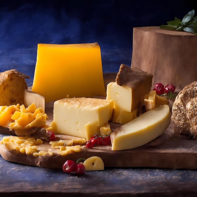 cheese and cheese on a cutting board with a box of cheese and a box of cheese.