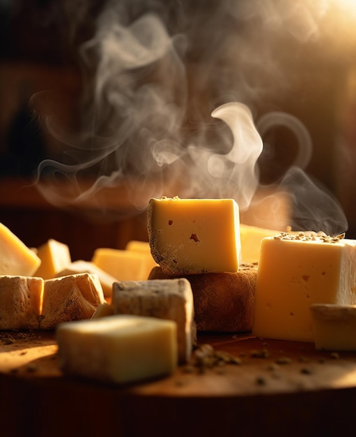 cheese and cheese on a table with a sunset in the background.