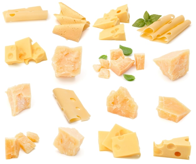 Cheese collection isolated on white background Set of different cheeses