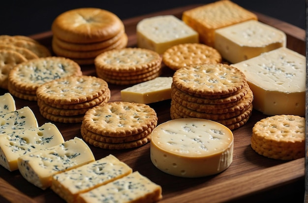 Cheese and crackers arranged neatly on a serving tray