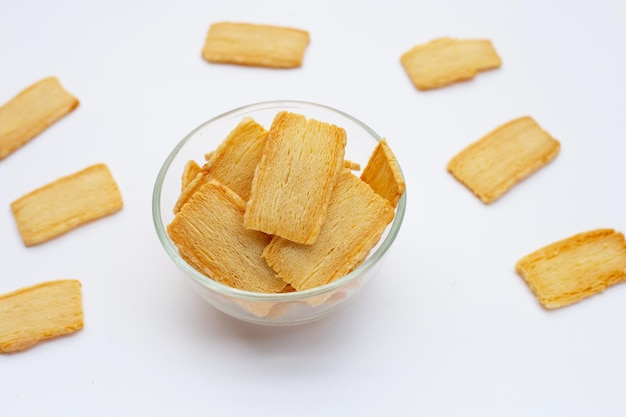 Cheese crispies on white background