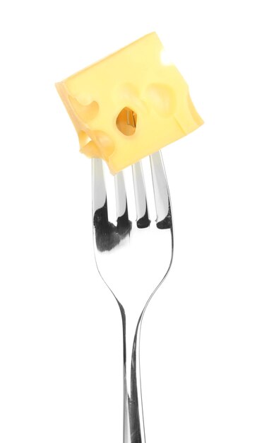 사진 ⁇ 색 에 분리 된 포크 에 있는 치즈 큐브