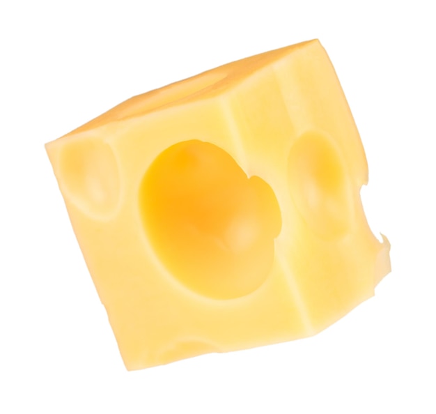 Cheese cube slice isolated on a white background.