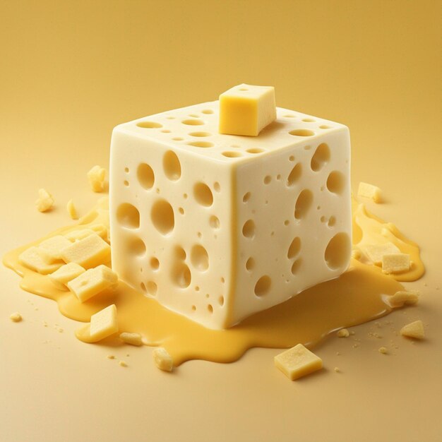 A cheese cube topped with cheese flying cheese yellow background