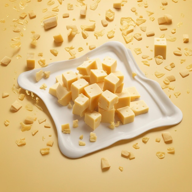 A cheese cube topped with cheese flying cheese yellow background