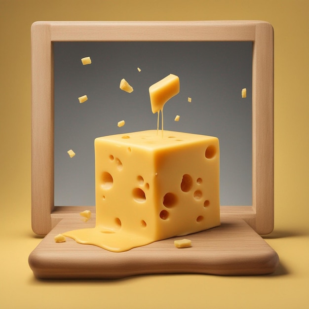 Foto un cubo di formaggio condito con formaggio su sfondo giallo tavola di legno