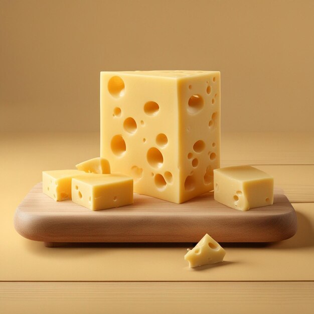 나무 테이블 노란색 배경에 치즈를 얹은 치즈 큐브