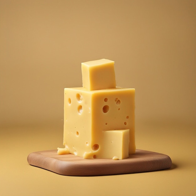 A cheese cube topped with cheese on wooden table yellow background