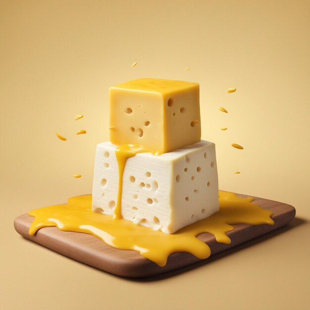 A cheese cube topped with cheese on wooden table yellow background