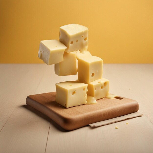 A cheese cube topped with cheese on wooden table yellow background