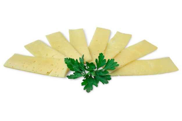 Cheese cut into thin slices spread out in a fan fresh parsley leaves in the center isolated on a