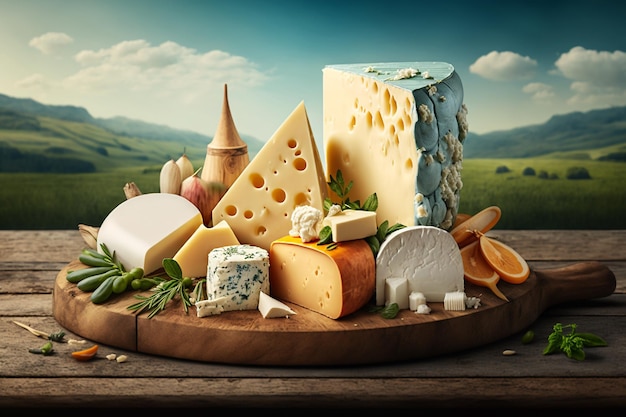 Cheese and dairy products on nature background Generative AI