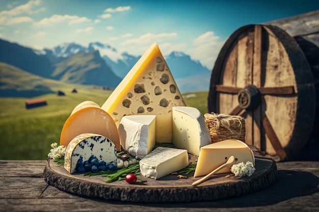 Cheese and dairy products on nature background Generative AI