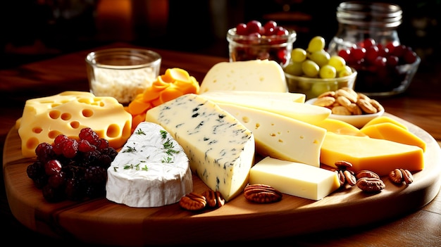 Cheese dish with organic cheeses fruits and nuts on a wooden background Ai generated