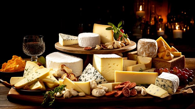 Ai が生成した木製の背景に有機チーズのフルーツとナッツを入れたチーズ料理