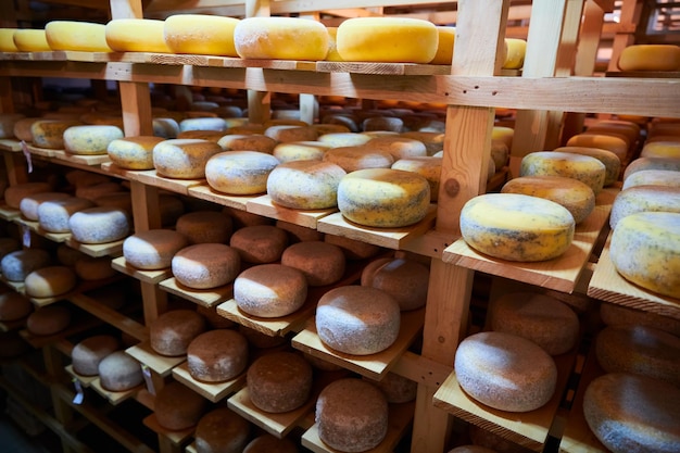 cheese factory production shelves with aging old cheese local organic empty