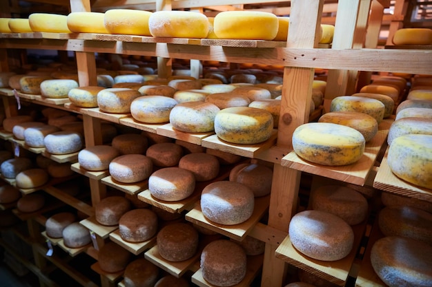 Cheese factory production shelves with aging old cheese local organic empty