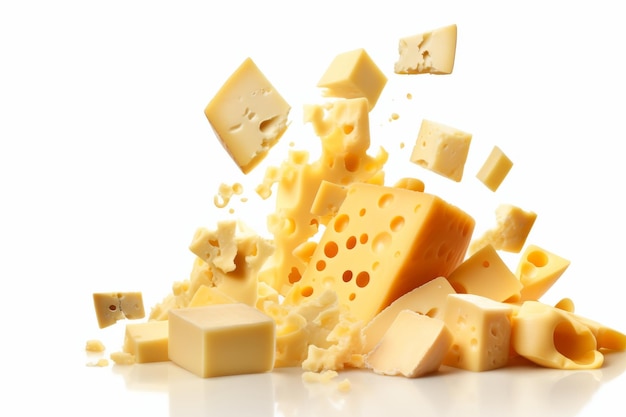 Сыр падает и накапливается в воздухе на белой или прозрачной поверхности ПНГ Прозрачный фон