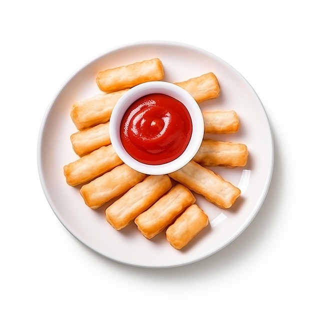 Cheese fingers with ketchup on a plate top view on white isolated background