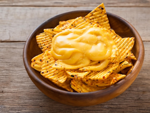 Cheese flavored corn chips in rustic bowl