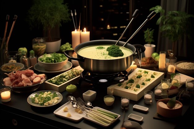 Photo cheese fondue party setup with a fondue pot and assorted dippers