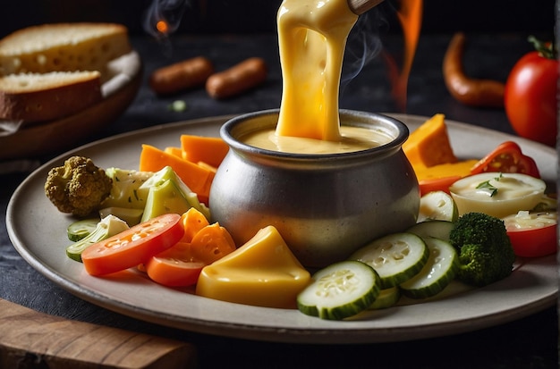 Cheese fondue with assorted pickled vegetables