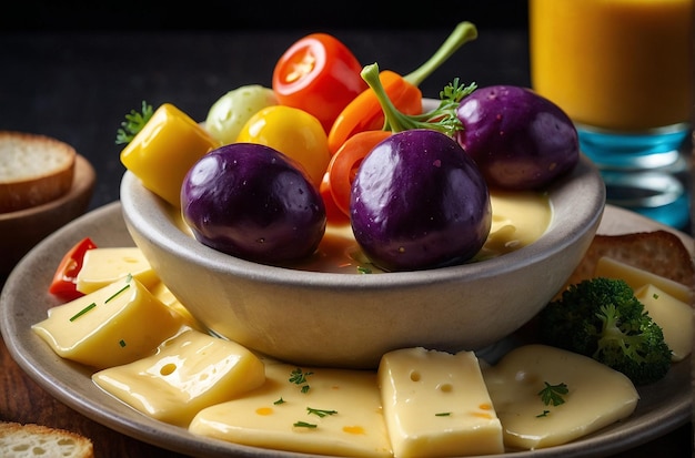 Cheese fondue with assorted pickled vegetables