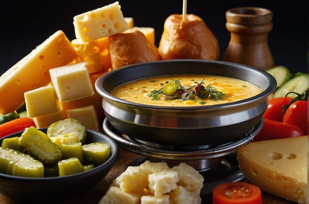 Cheese fondue with assorted pickles and relishes