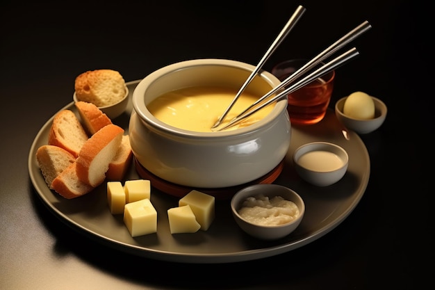 Photo cheese fondue with pieces of bread on a large platter on a dark background