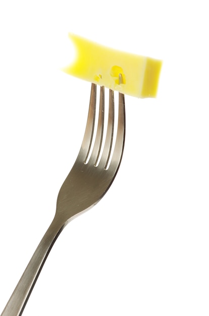 Cheese on fork isolated on white background