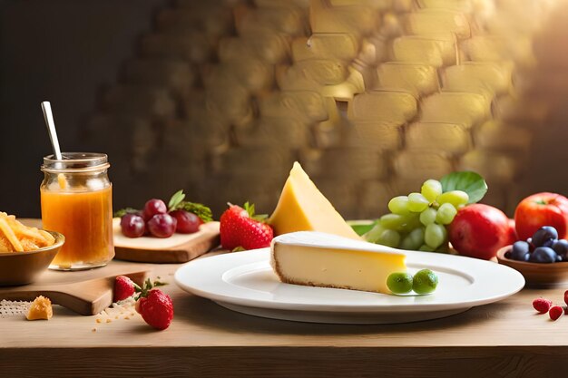 cheese and fruit on a plate with a jar of honey