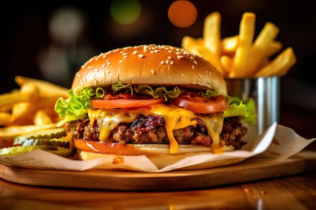 Cheese hamburger and fries over a wooden plate bokeh light on the back