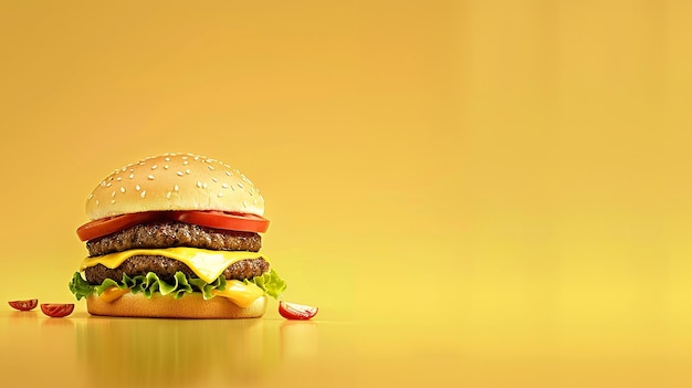 cheese hamburger on yellow background food photography