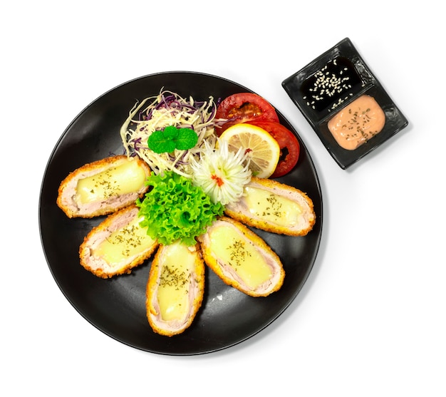 Cheese Katsu Korean - Japanese Food Style fusion served sauce decorate vegetables and carved Leek Bunching onion flower shape topview