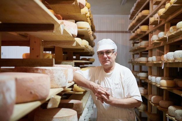 Cheese maker at the storage with shelves full of cow and goat cheese wheels during the aging process in local food production factory